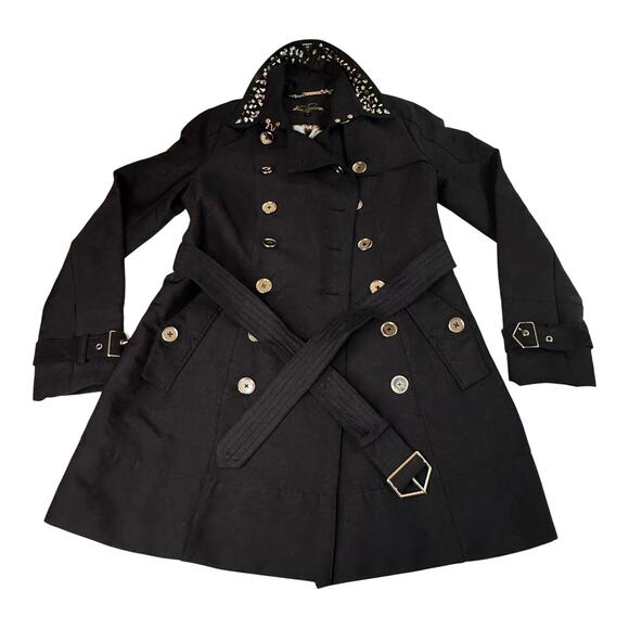 Sam Edelman Studded Rhinestone TRENCH COAT Women's SM Black Gold Silver Spiked - Picture 1 of 13